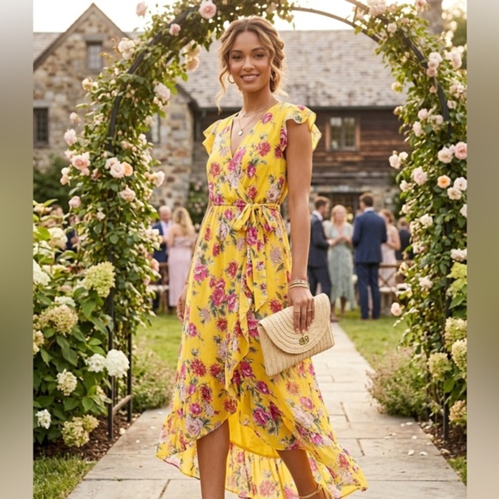 Band of Gypsies Yellow Floral High Low Faux Wrap Maxi Dress L‎ Boho Garden Party